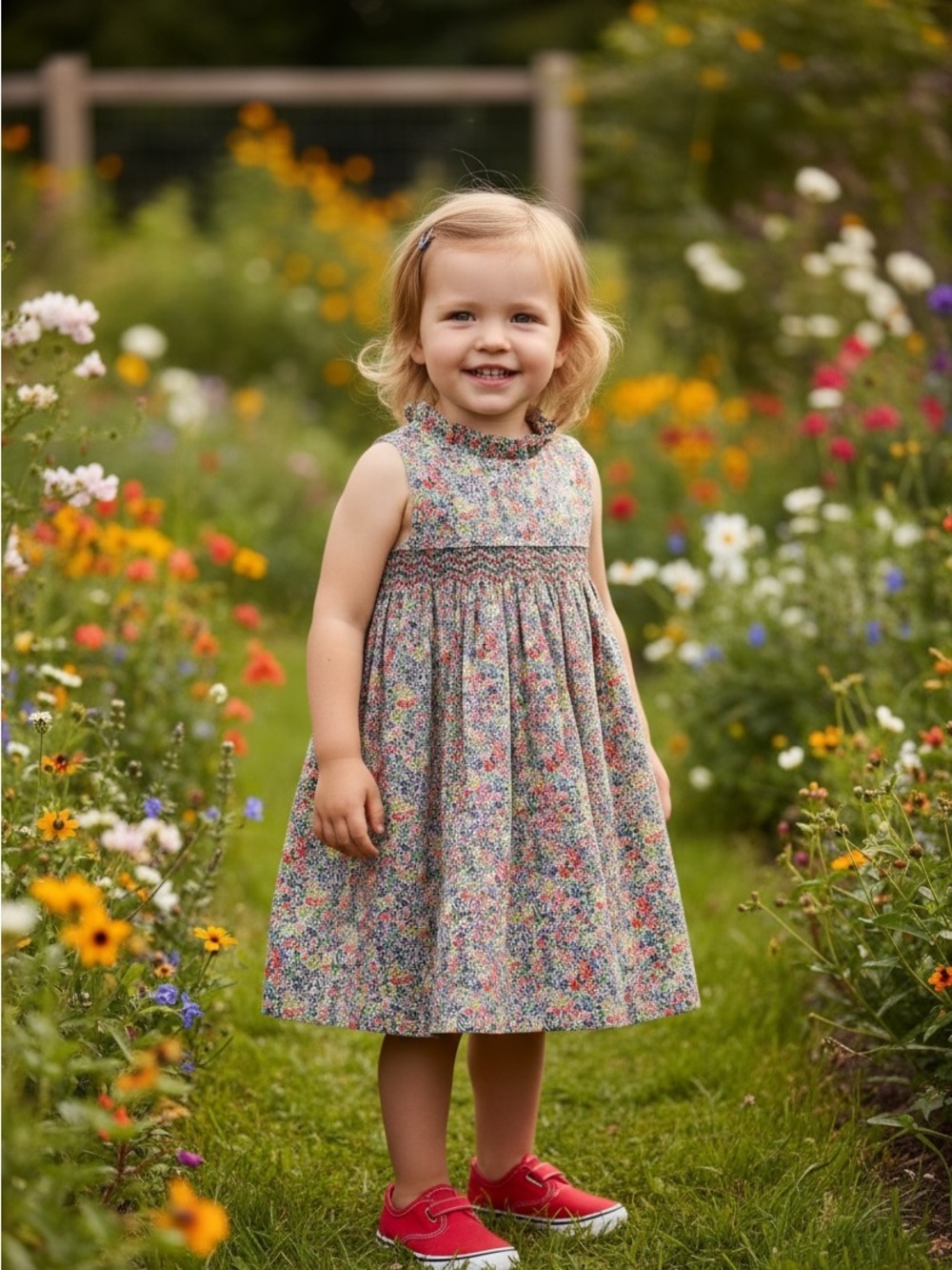 Edgehill Collection Red Blue Multi Floral 100% Cotton Smocked Dress for Kids